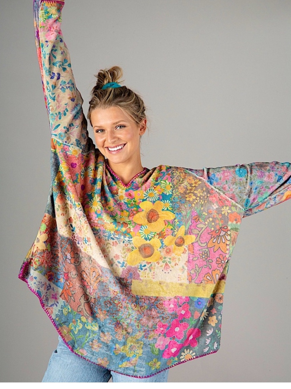 NATURAL LIFE Floral Patchwork Cozy Blanket Hoodie Poncho NWT One Size